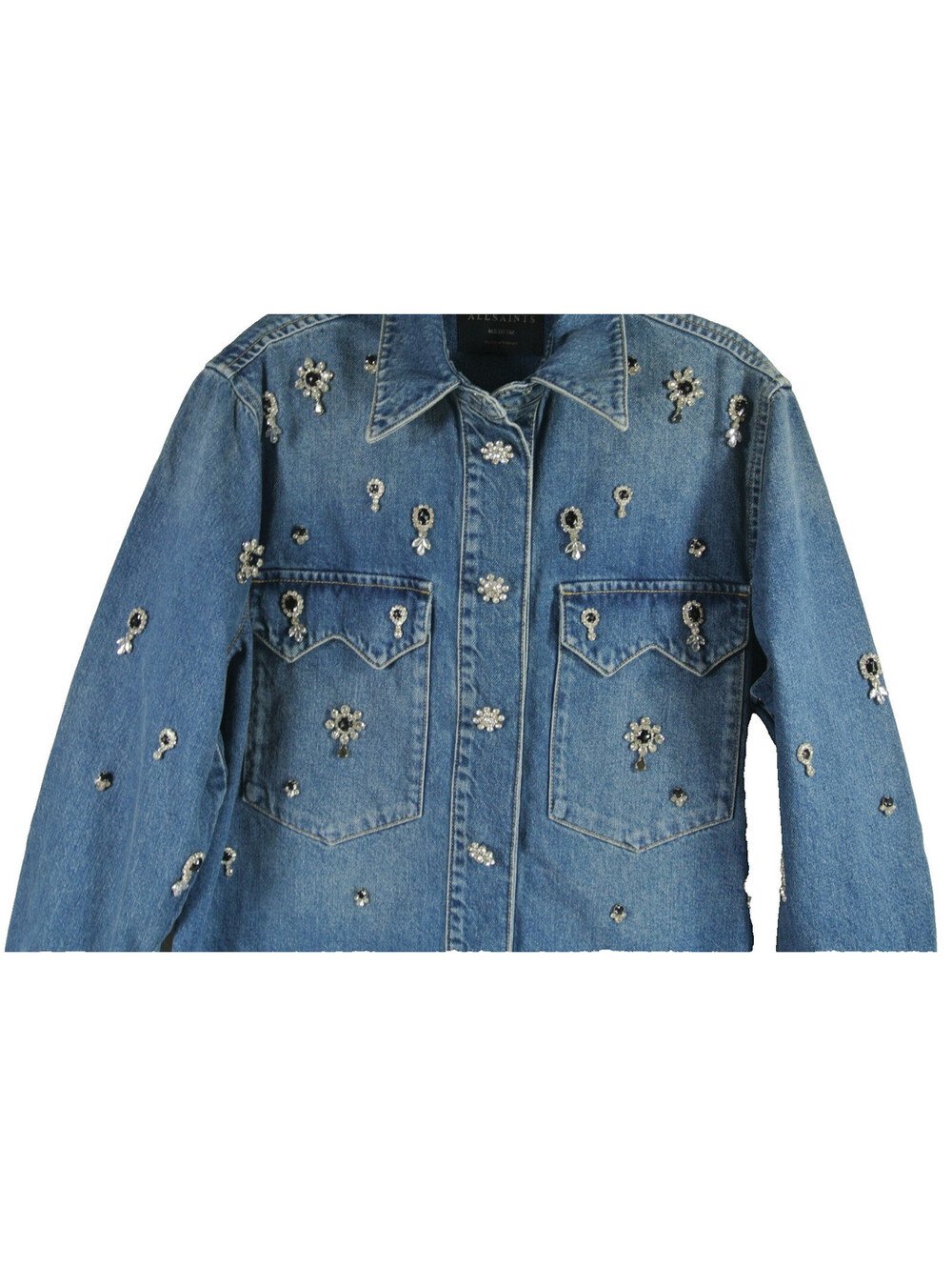 NEW, AllSaints Enna Embellished Denim Snap-Up Shirt in Indigo Sz M #SJ2506 - Picture 6 of 11